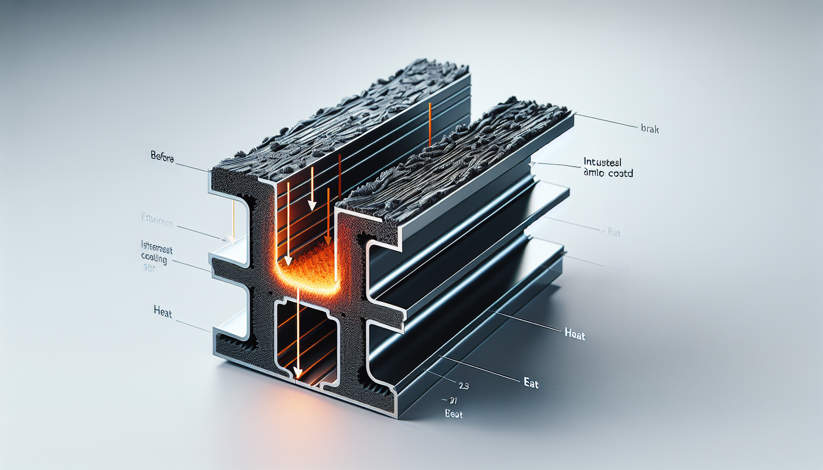 A clean, technical 3D render showing a cross-section of a steel I-beam. The image demonstrates the 'before and after' effect of intumescent coating. 'Before': a smooth, thin layer of paint on the steel. 'After': the same coating has expanded into a thick, black, porous char layer, acting as an insulator against external flames. Arrows indicate the heat being blocked by the char layer, keeping the steel core cool. Style: minimalist, educational, diagrammatic, high-tech.