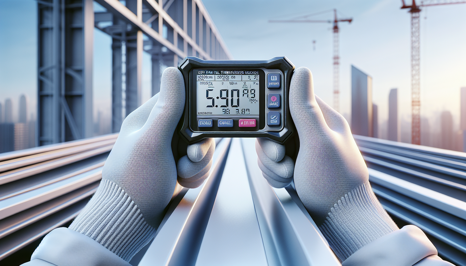 Photorealistic close-up shot focusing on the hands of a professional applicator wearing clean safety gloves. The applicator is holding a digital Dry Film Thickness (DFT) gauge against a perfectly coated white steel beam. The gauge's screen shows a clear reading in microns. The background is a bright, modern construction site, slightly out of focus. The image should convey precision, quality control, and professionalism in fire protection application.