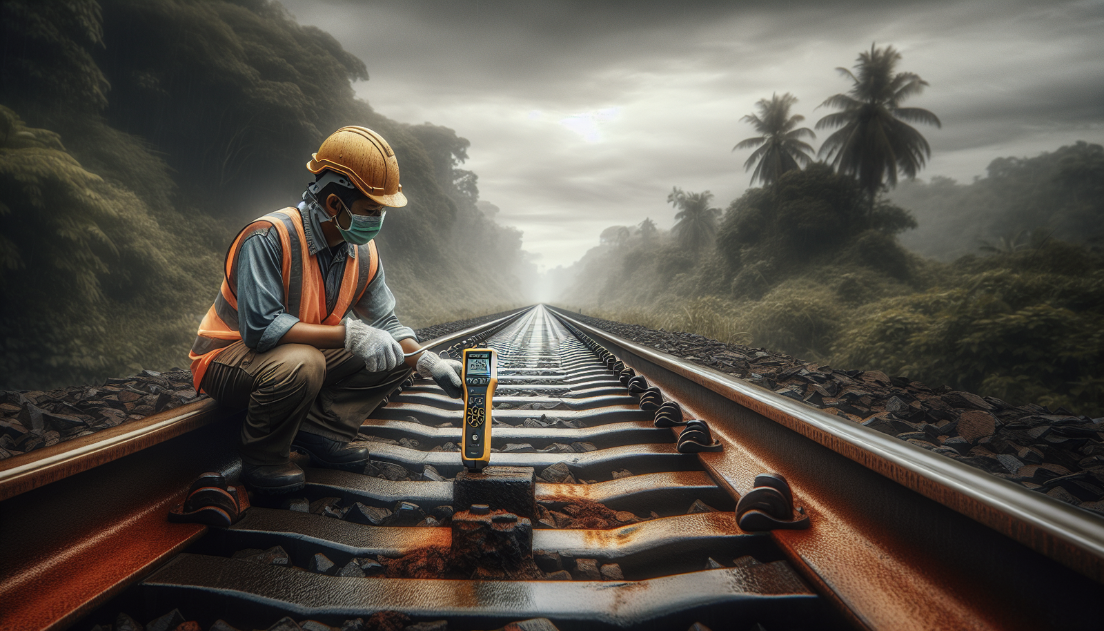 Seorang teknisi kereta api dengan perlengkapan keselamatan sedang menginspeksi rel berkarat menggunakan thickness meter di jalur kereta api Indonesia.