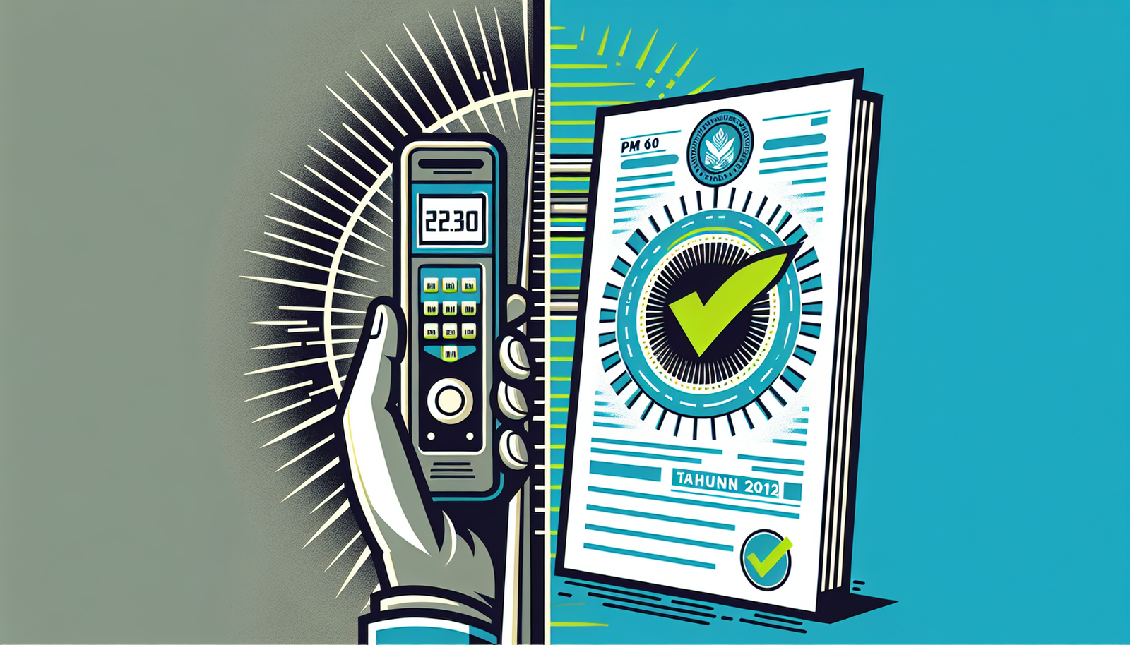 Ilustrasi grafis yang menunjukkan perbandingan hasil ukur thickness meter dengan standar pemerintah PM 60 Tahun 2012, dengan tanda centang hijau yang menandakan kepatuhan.