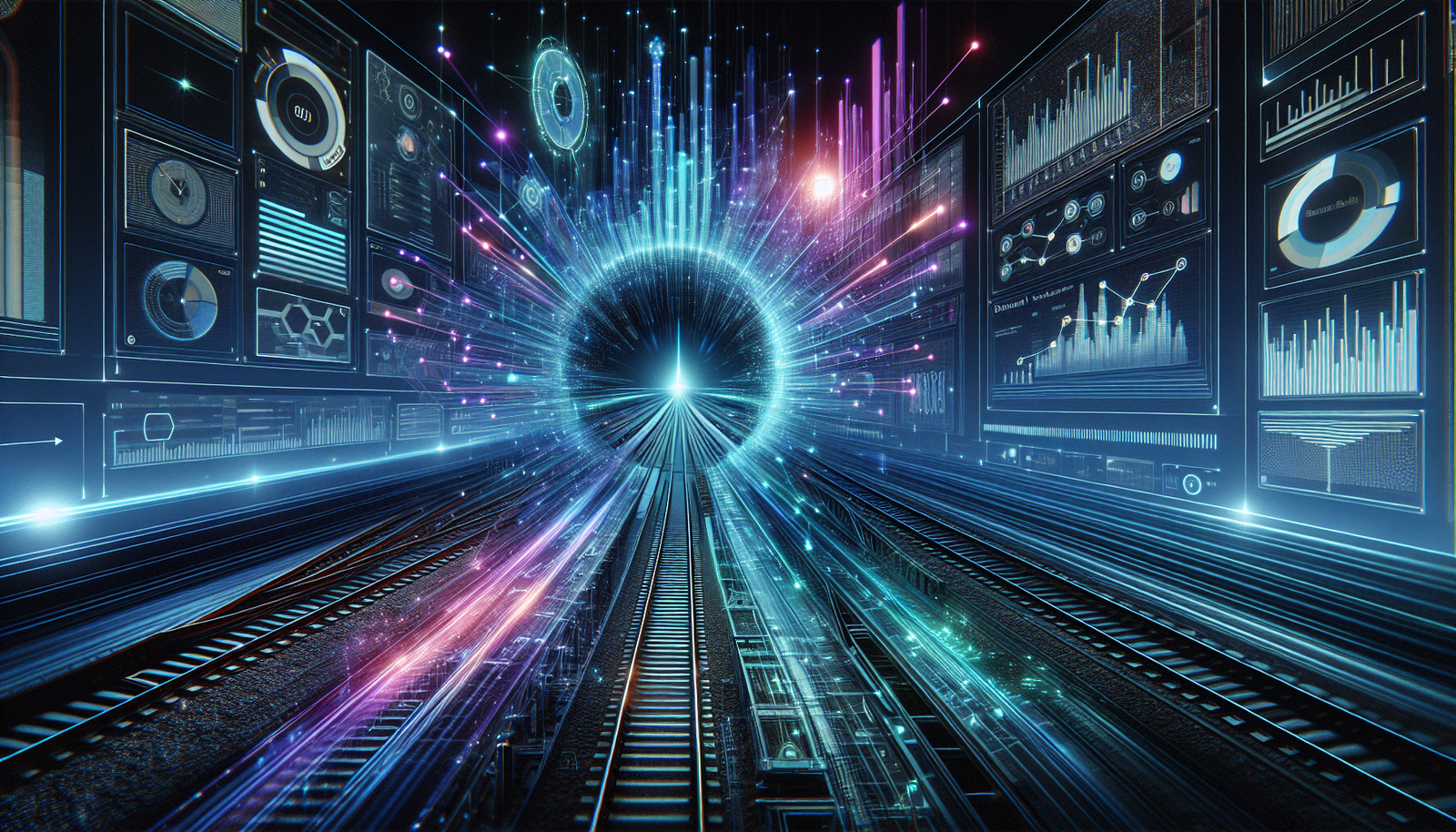 Ilustrasi futuristik tentang pemeliharaan prediktif rel kereta api, menunjukkan aliran data dari rel ke antarmuka AI yang menampilkan digital twin dan analisis.