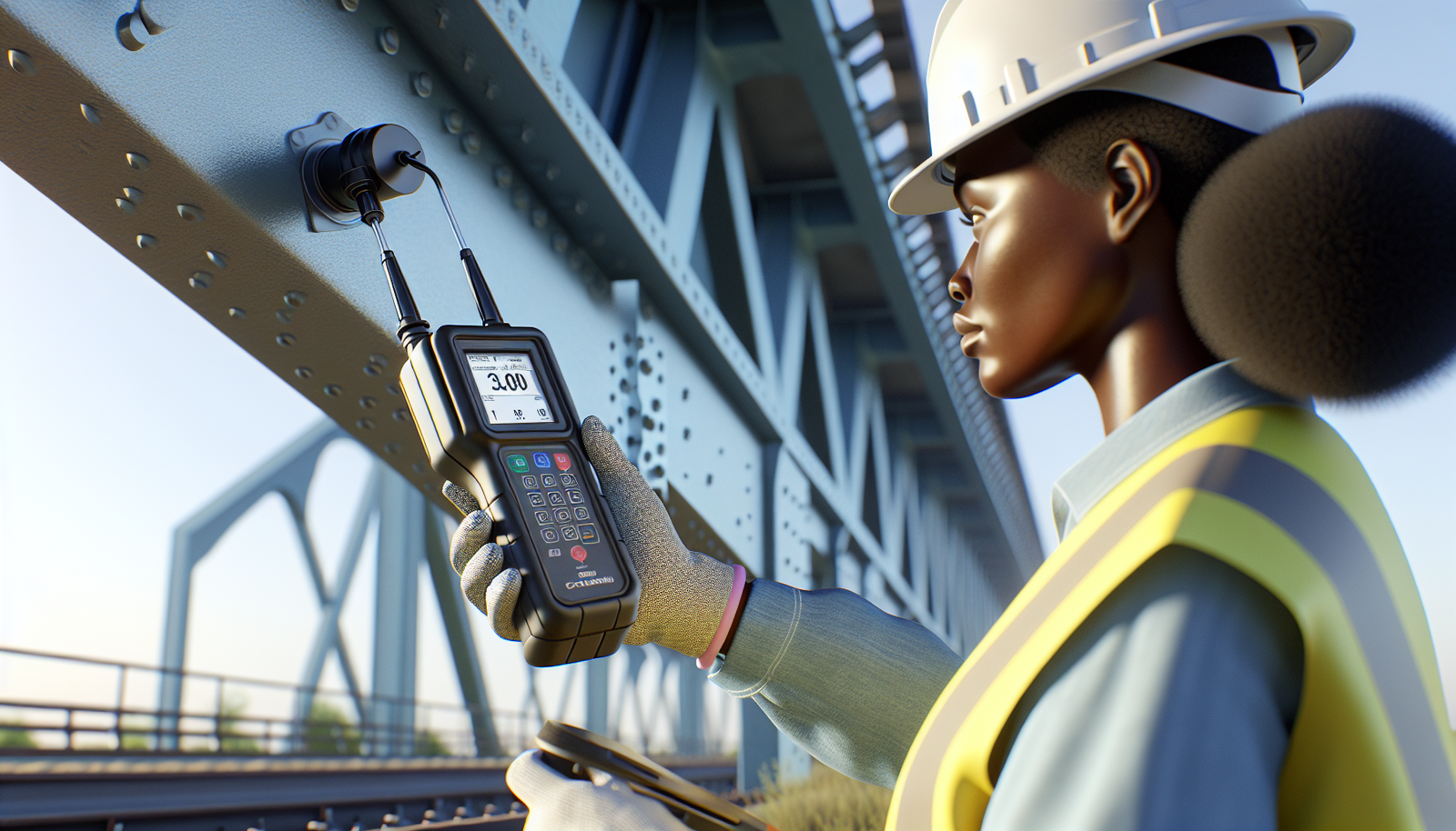 A close-up, over-the-shoulder shot of a professional inspector in a hard hat and safety vest using a modern, rugged coating thickness meter. The inspector is pressing the device's probe firmly against a large, blue-painted steel I-beam of a bridge. The focus is on the device and the inspector's hands, with the digital screen of the meter clearly visible showing a thickness reading. The background shows the bridge's structural elements, slightly out of focus.