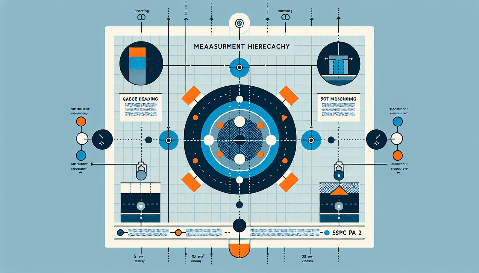 A clean and clear infographic illustration explaining a technical standard. The graphic shows a grid representing a 10m² section of a bridge surface. Within this grid, it visually breaks down the SSPC-PA 2 measurement hierarchy: three small dots labeled 'Gage Reading' are circled to form a larger point labeled 'Spot Measurement'. Five of these 'Spot Measurement' points are scattered across the grid, connected by arrows to a final summary icon that says 'Area Measurement'.