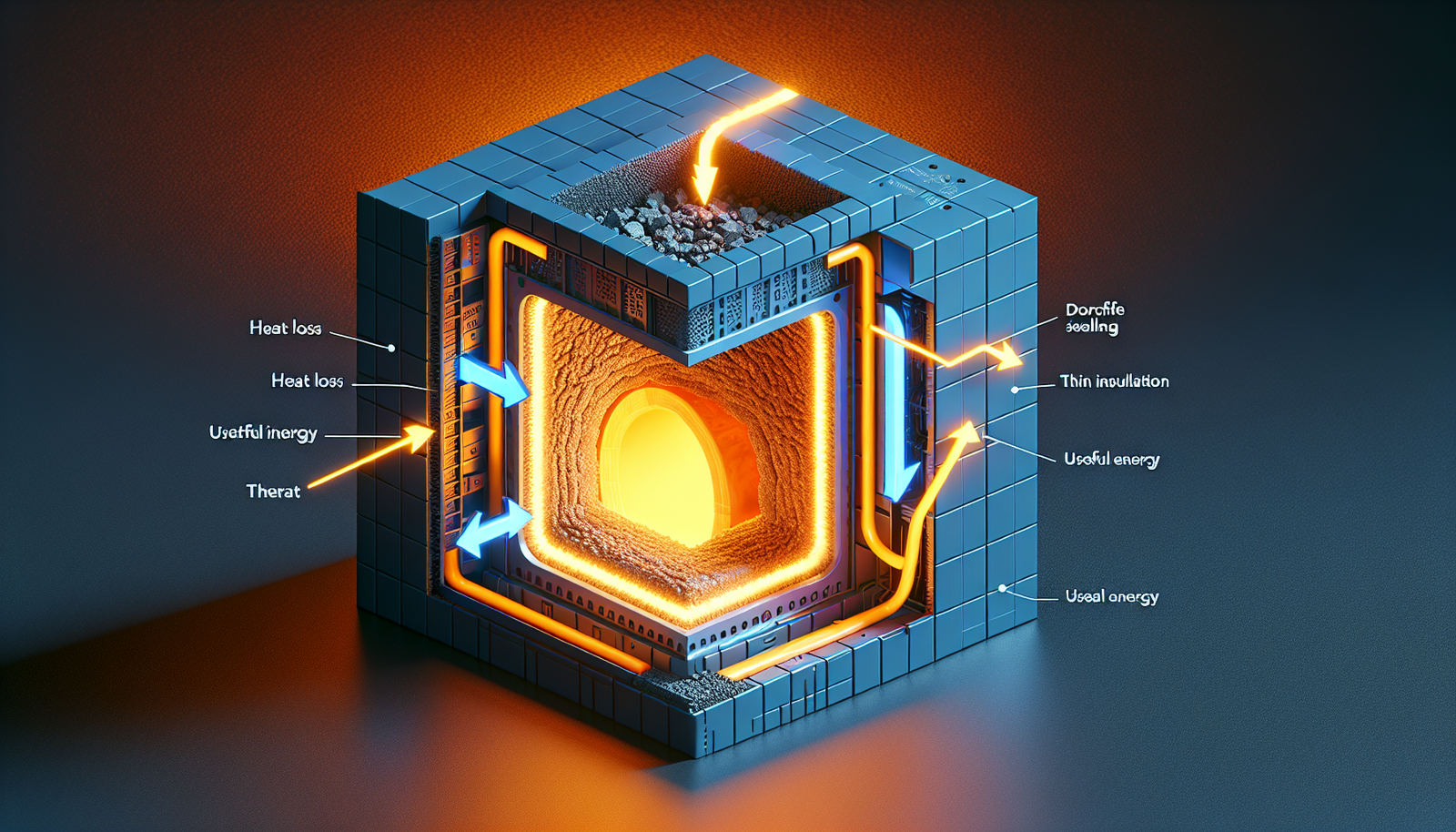 A technical 3D render illustration showing a cross-section of an industrial furnace. Inside, molten metal glows brightly. On the outside, blue arrows labeled 'Heat Loss' are shown escaping through a poorly sealed door and thin insulation. Inside, orange arrows labeled 'Useful Energy' circulate within the metal. The style is clean, modern, and educational, clearly visualizing the concept of thermal inefficiency.