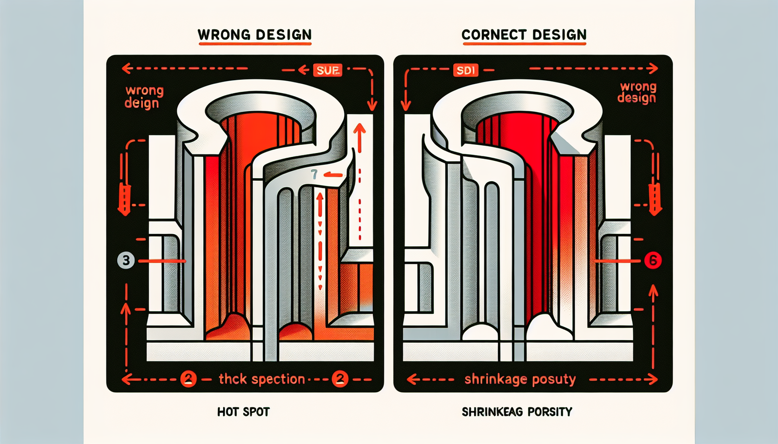 A clear, split-panel technical diagram for educational purposes. The left panel, labeled 'Wrong Design', shows a cross-section of a cast part with a sharp 90-degree angle between a thick and thin section, highlighting a red 'Hot Spot' and a 'Shrinkage Porosity' defect. The right panel, labeled 'Correct Design', shows the same part but with a smooth, rounded fillet transition, resulting in a solid, defect-free component. Style: clean lines, simple colors, clear labels.