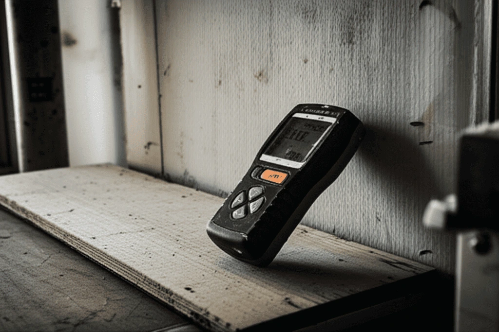 Close-up of a gypsum wall with a faint water stain and a moisture meter, demonstrating gypsum moisture control.