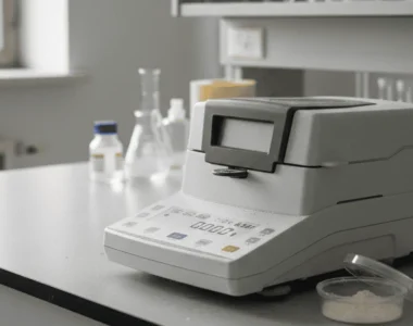 Perbandingan unit alat analisa kelembaban Moisture Analyzer AMTAST seri MB60 hingga MB68 di atas meja laboratorium.