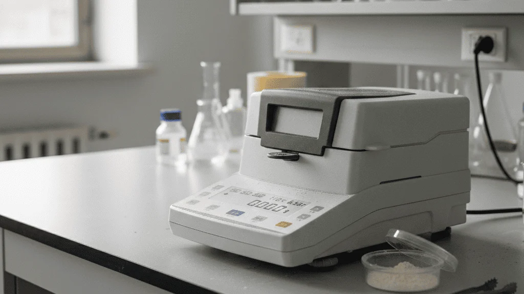 Perbandingan unit alat analisa kelembaban Moisture Analyzer AMTAST seri MB60 hingga MB68 di atas meja laboratorium.