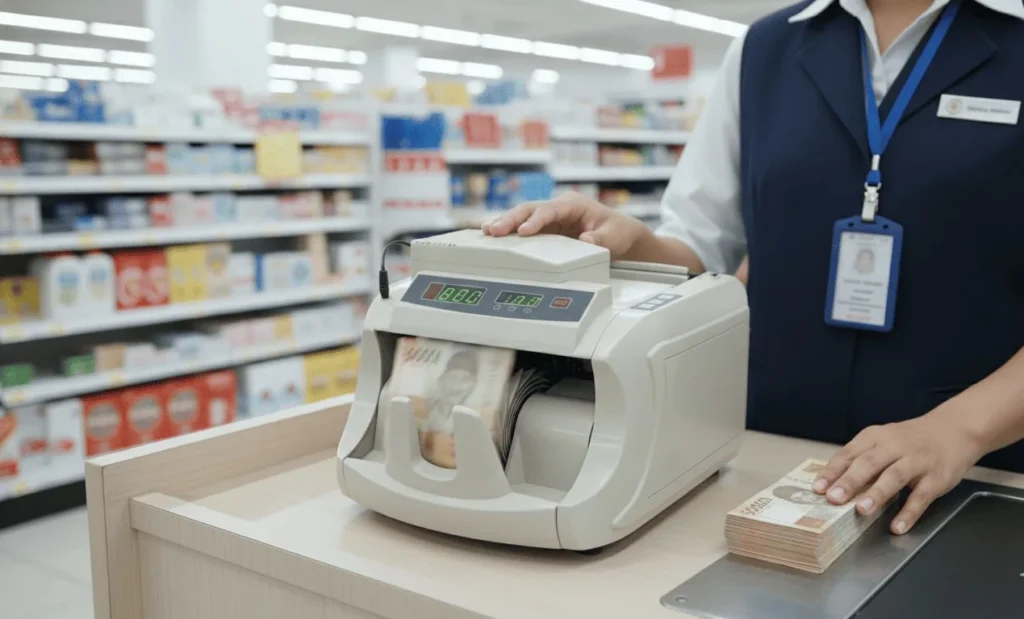 Retail cashier operating a banknote counter to count large amounts of Indonesian rupiah to ensure accurate cash handling and transaction efficiency.