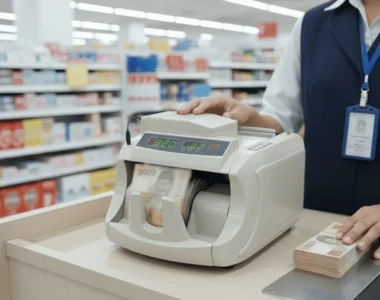 Retail cashier operating a banknote counter to count large amounts of Indonesian rupiah to ensure accurate cash handling and transaction efficiency.