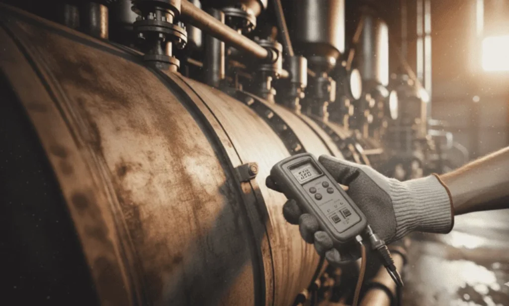 Maintenance engineer monitoring vibration on a palm oil press machine with boiler in background to prevent factory downtime.