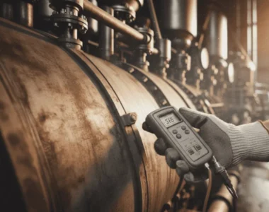 Maintenance engineer monitoring vibration on a palm oil press machine with boiler in background to prevent factory downtime.