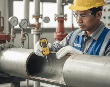Teknisi Indonesia memeriksa kekasaran permukaan pipa gas industri.