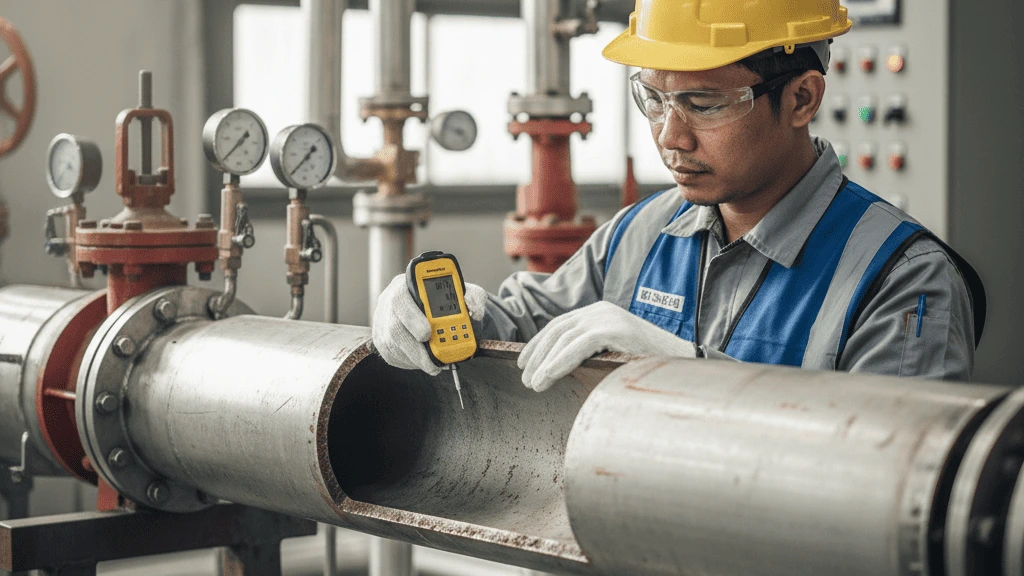 Teknisi Indonesia memeriksa kekasaran permukaan pipa gas industri.