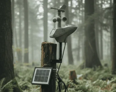 A weathered weather station in a forest clearing, with conservation equipment like a solar panel and binoculars, used for monitoring and protecting wildlife habitats