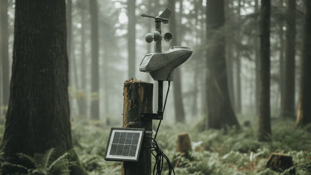 A weathered weather station in a forest clearing, with conservation equipment like a solar panel and binoculars, used for monitoring and protecting wildlife habitats